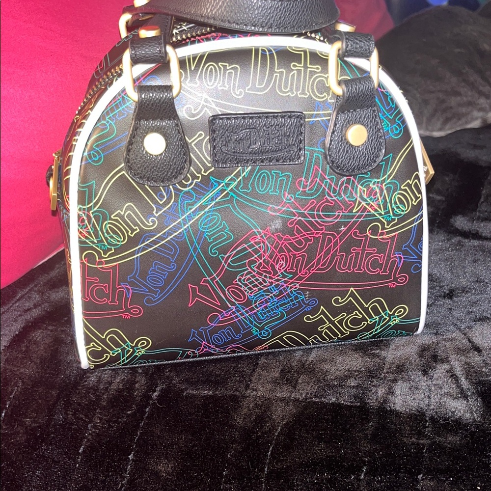 Von Dutch Black Satchel with Multicolor Neon Logo Print